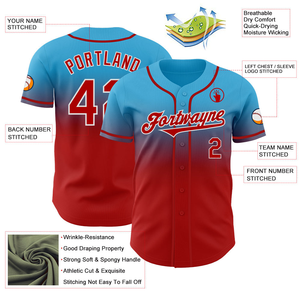 Custom Sky Blue Red-White Authentic Fade Fashion Baseball Jersey