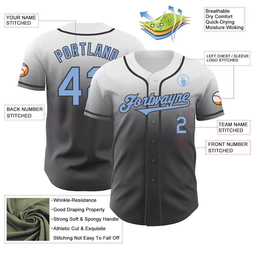Custom White Light Blue-Steel Gray Authentic Fade Fashion Baseball Jersey