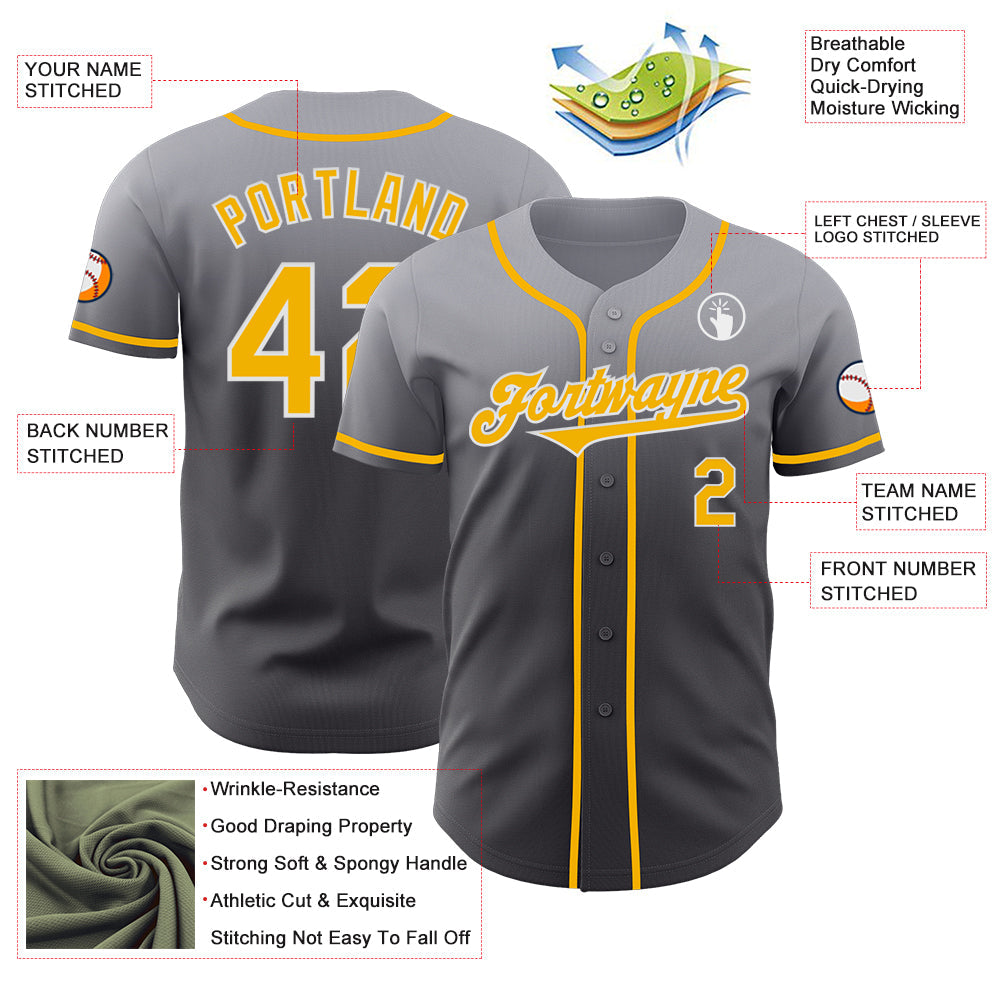 Custom Gray Gold Steel Gray-White Authentic Fade Fashion Baseball Jersey