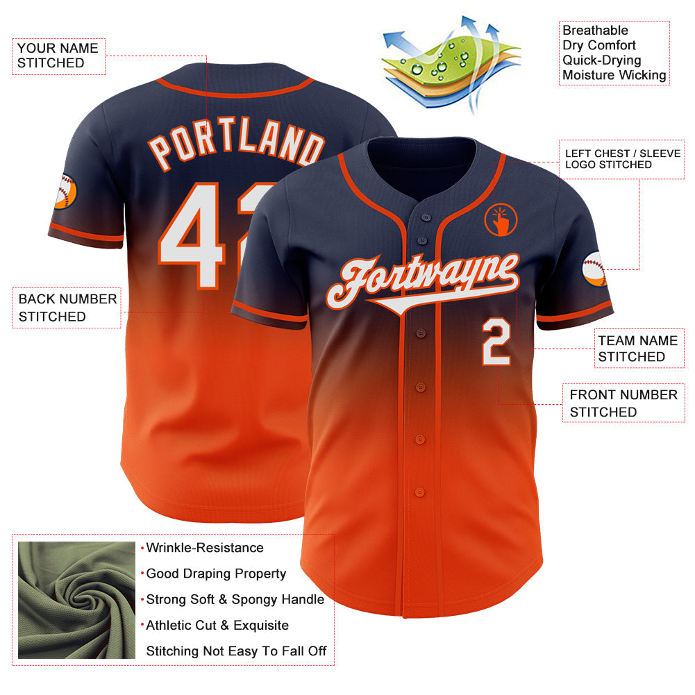 Custom Navy White-Orange Authentic Fade Fashion Baseball Jersey