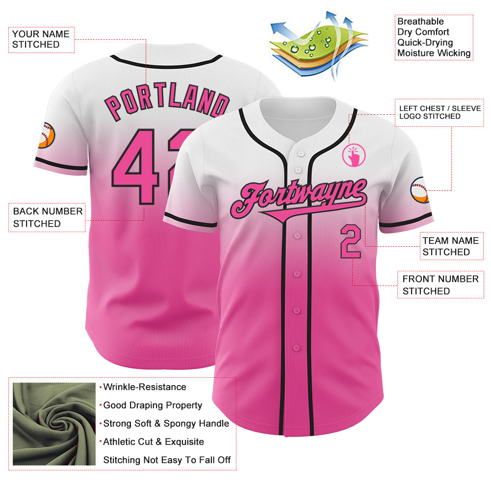 Custom White Pink-Black Authentic Fade Fashion Baseball Jersey