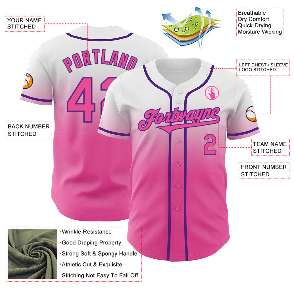 Custom White Pink-Purple Authentic Fade Fashion Baseball Jersey