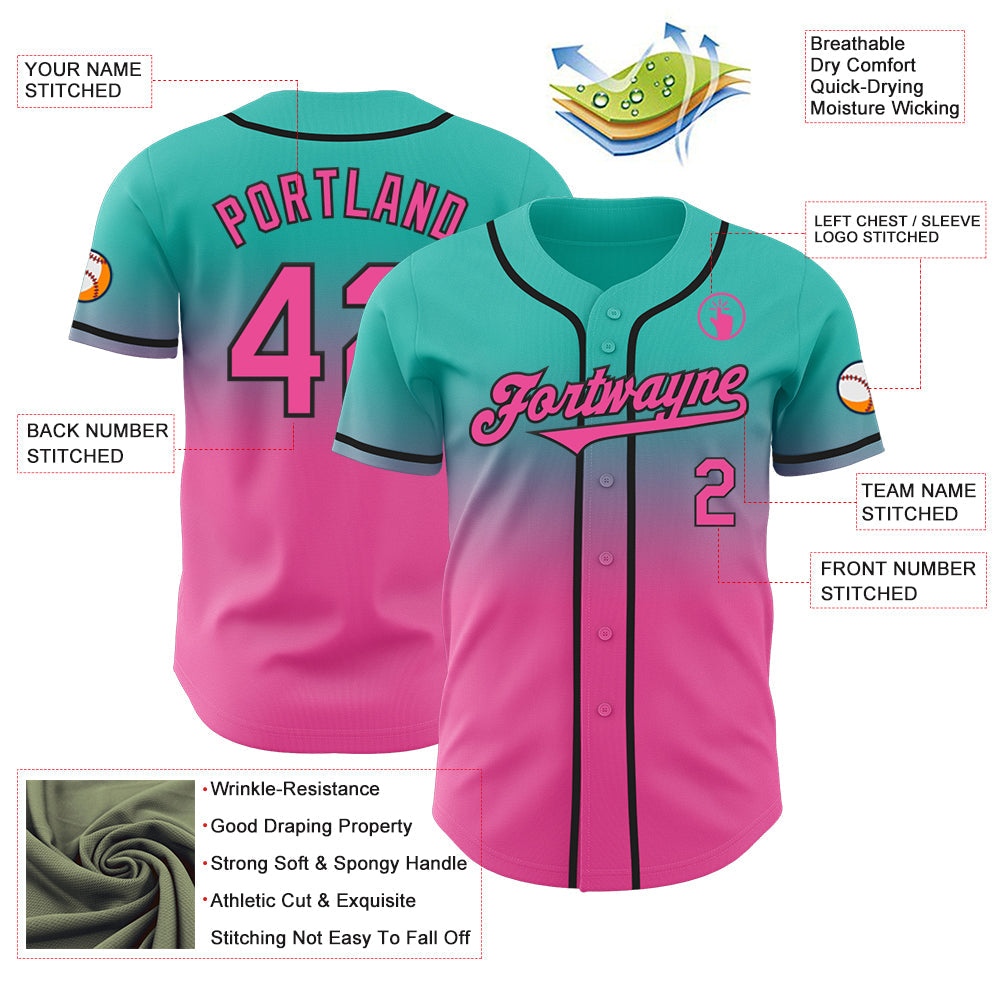 Custom Aqua Pink-Black Authentic Fade Fashion Baseball Jersey