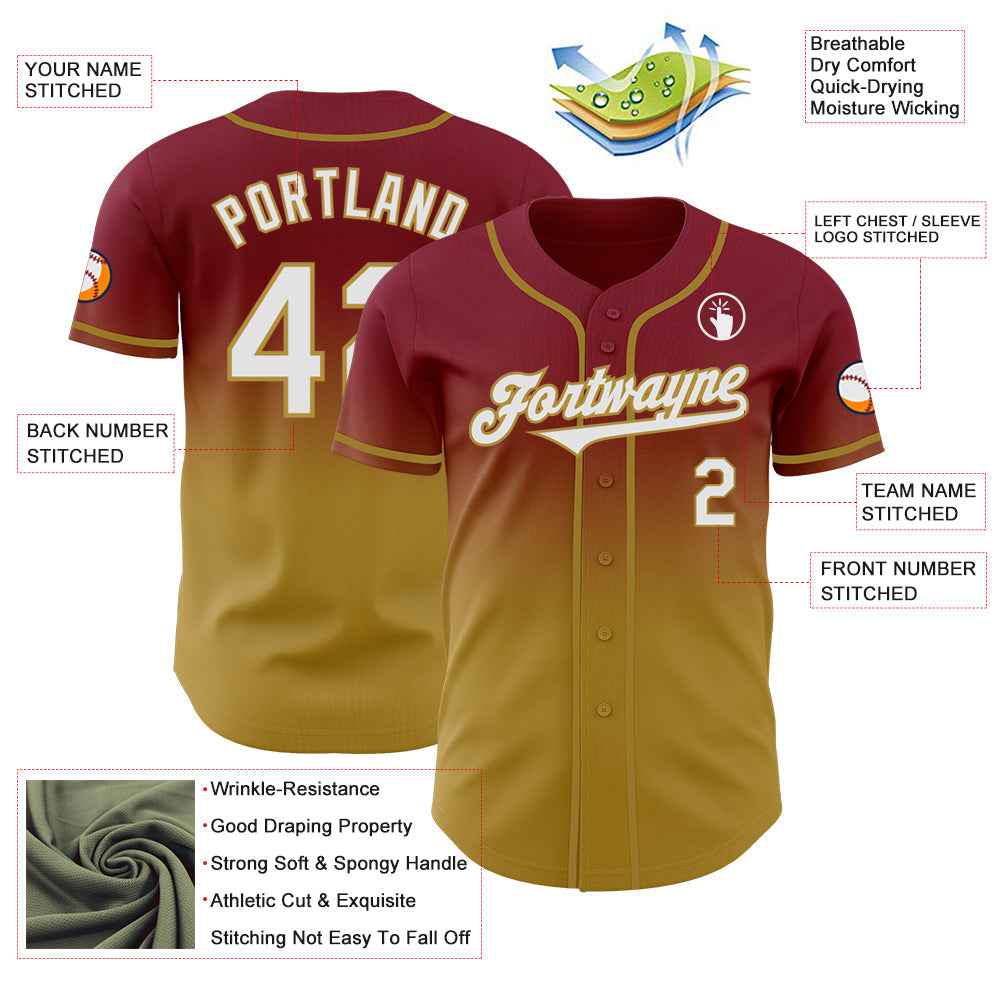Custom Crimson White-Old Gold Authentic Fade Fashion Baseball Jersey