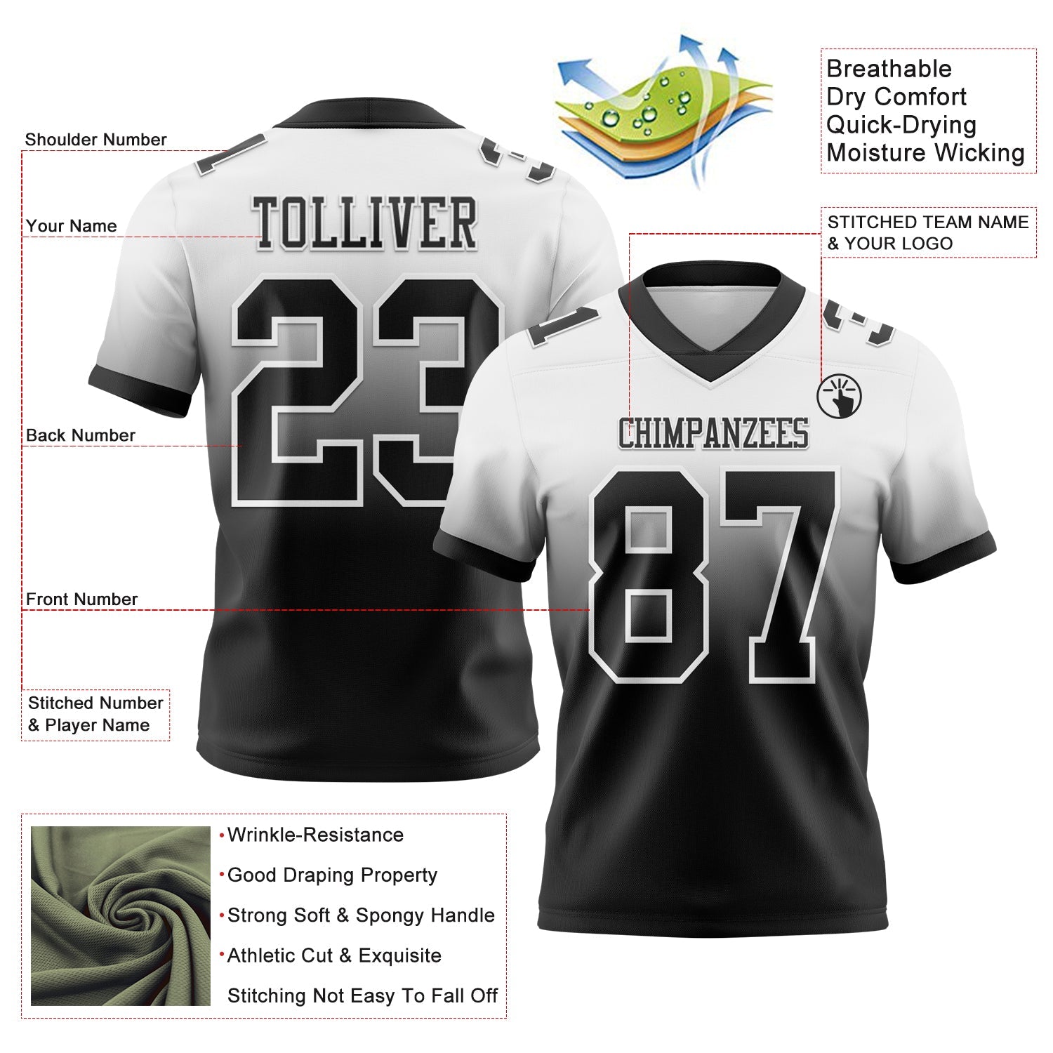 Custom White Black Authentic Fade Fashion Football Jersey