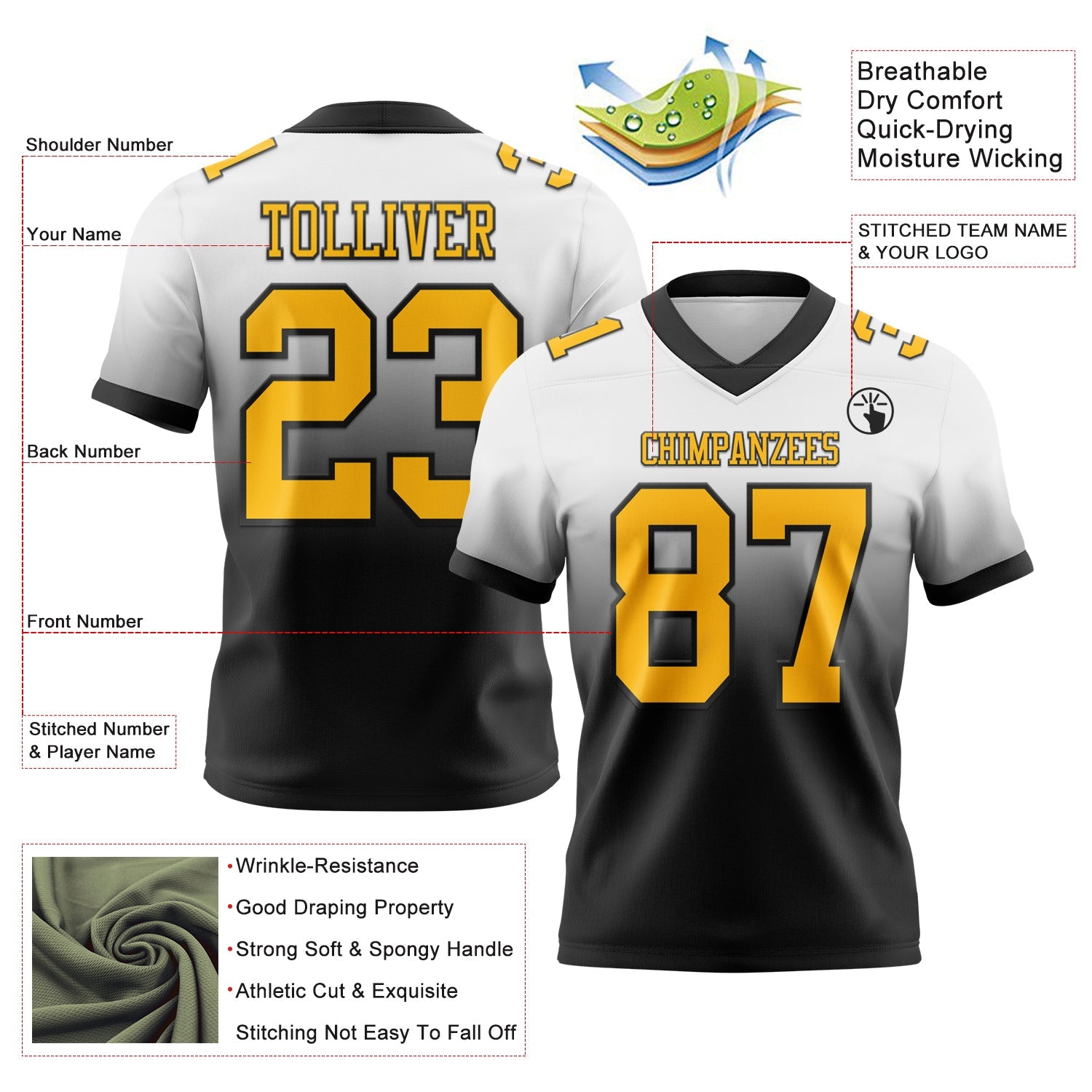 Custom White Gold-Black Authentic Fade Fashion Football Jersey