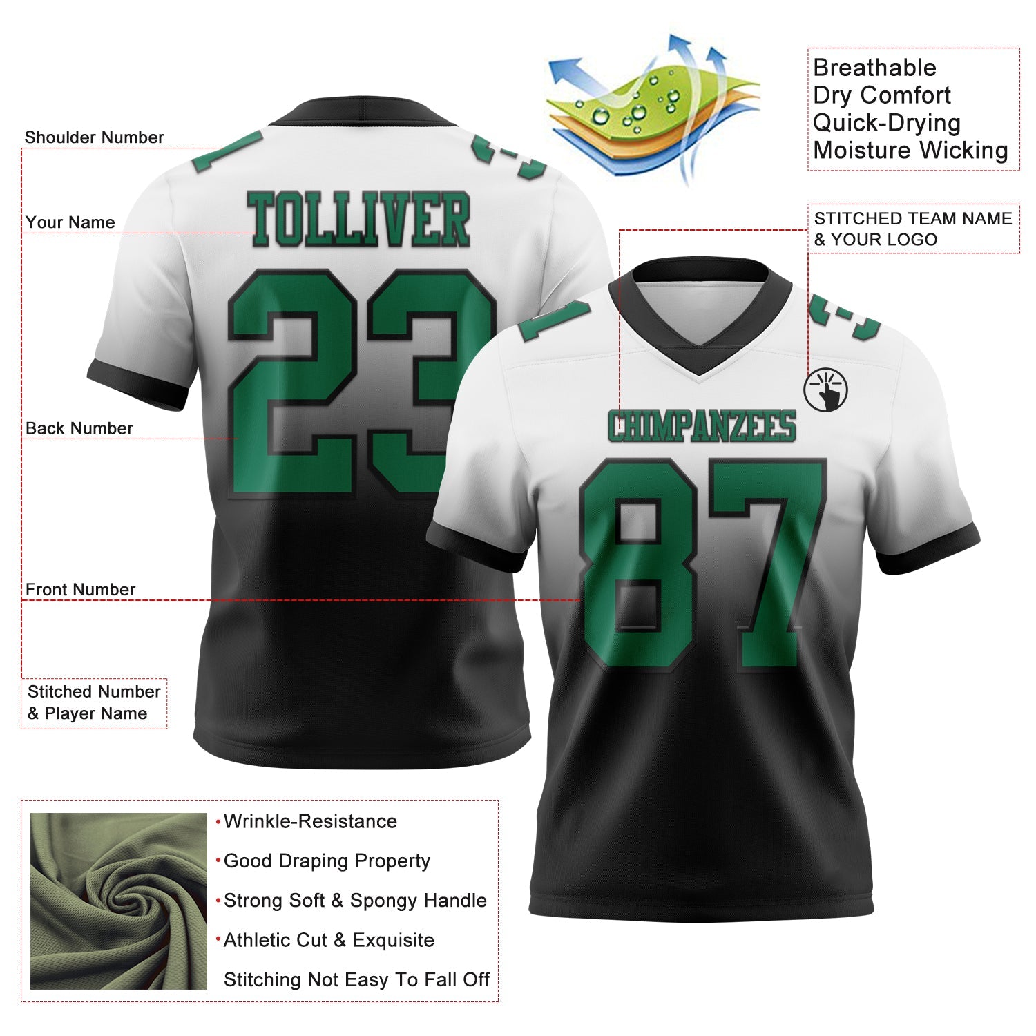 Custom White Kelly Green-Black Authentic Fade Fashion Football Jersey