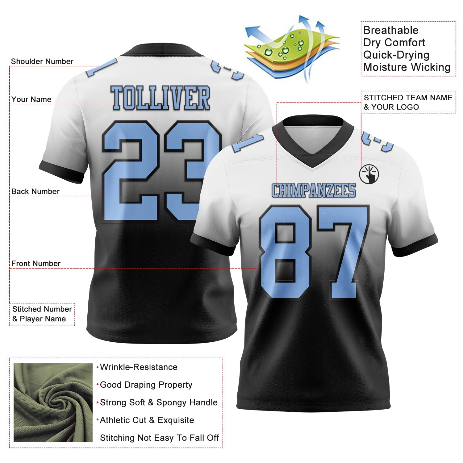 Custom White Light Blue-Black Authentic Fade Fashion Football Jersey