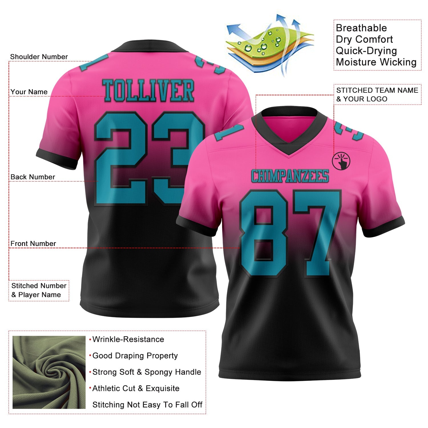 Custom Pink Teal-Black Authentic Fade Fashion Football Jersey