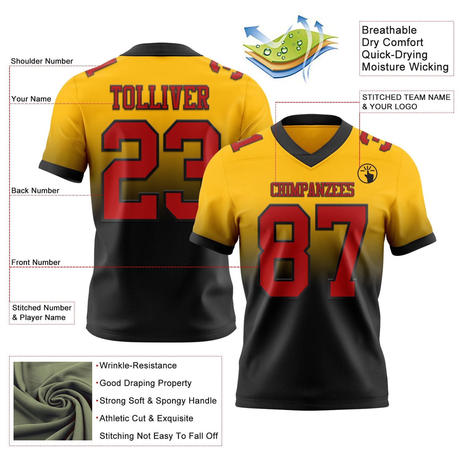 Custom Gold Red-Black Authentic Fade Fashion Football Jersey