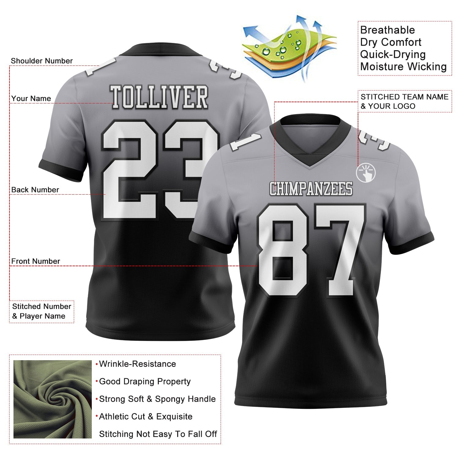 Custom Gray White-Black Authentic Fade Fashion Football Jersey