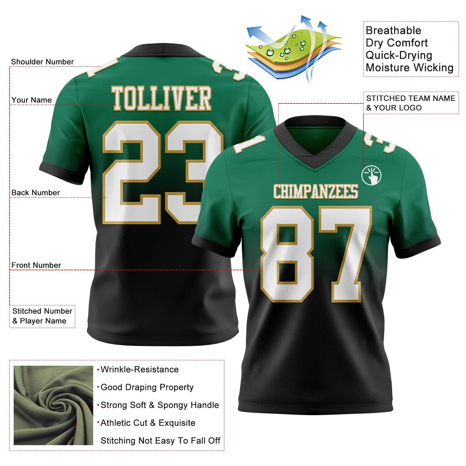 Custom Kelly Green White Black-Old Gold Authentic Fade Fashion Football Jersey