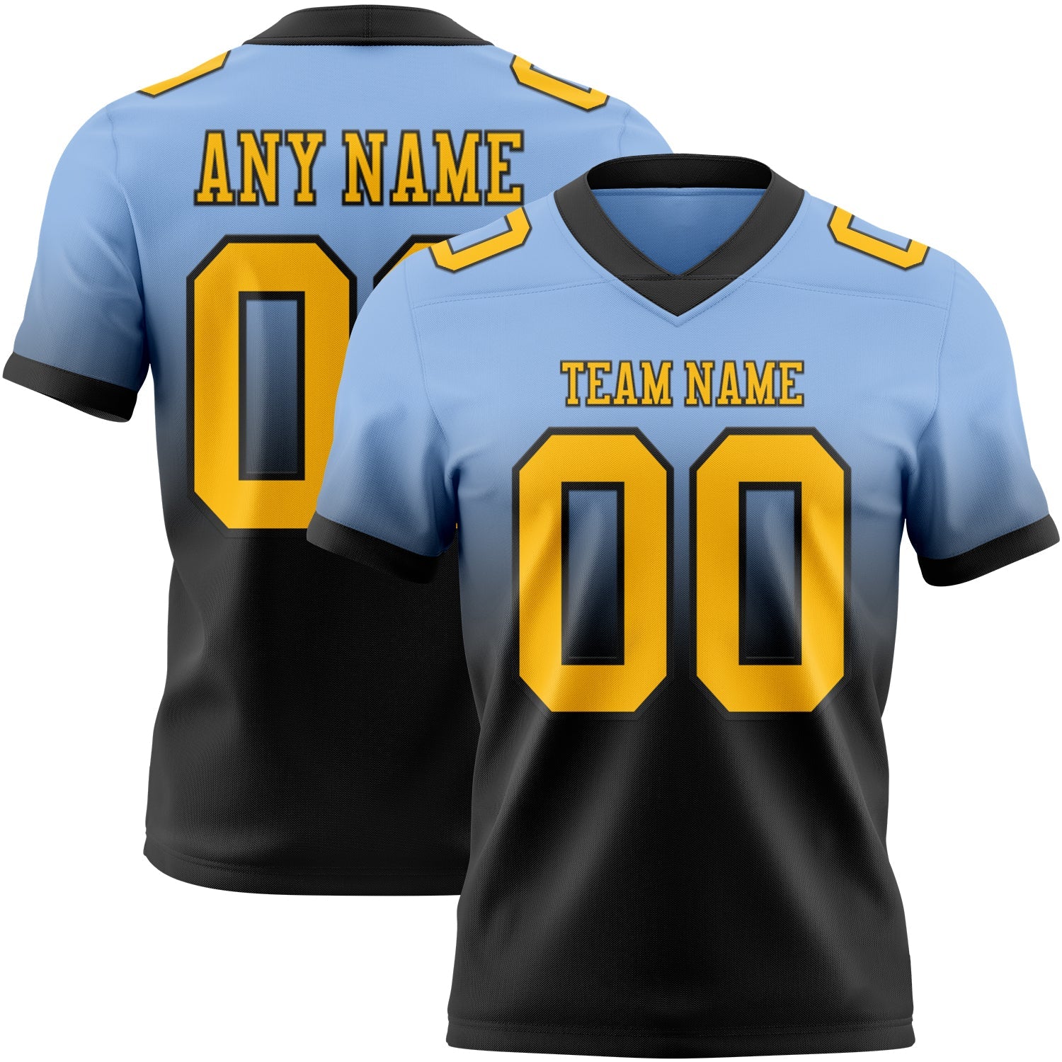 Custom Light Blue Gold-Black Authentic Fade Fashion Football Jersey