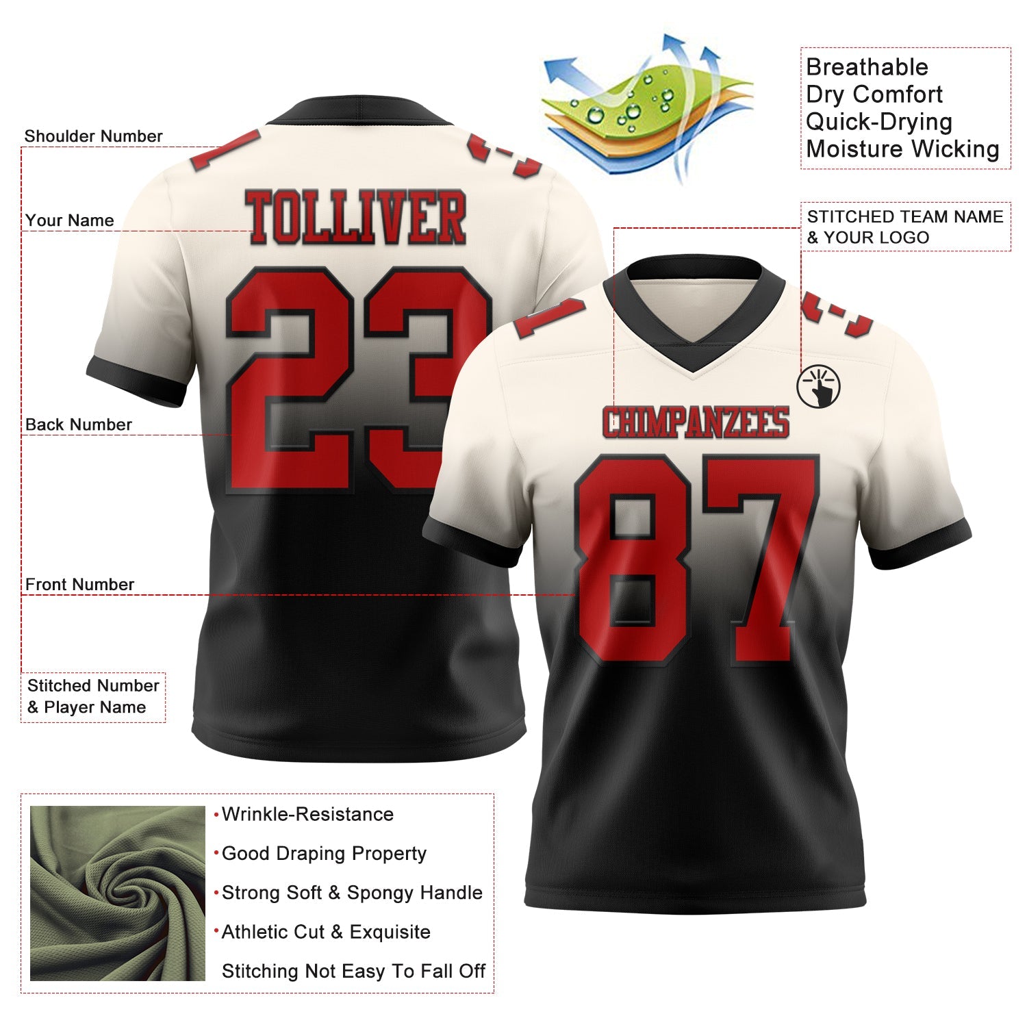 Custom Cream Red-Black Authentic Fade Fashion Football Jersey