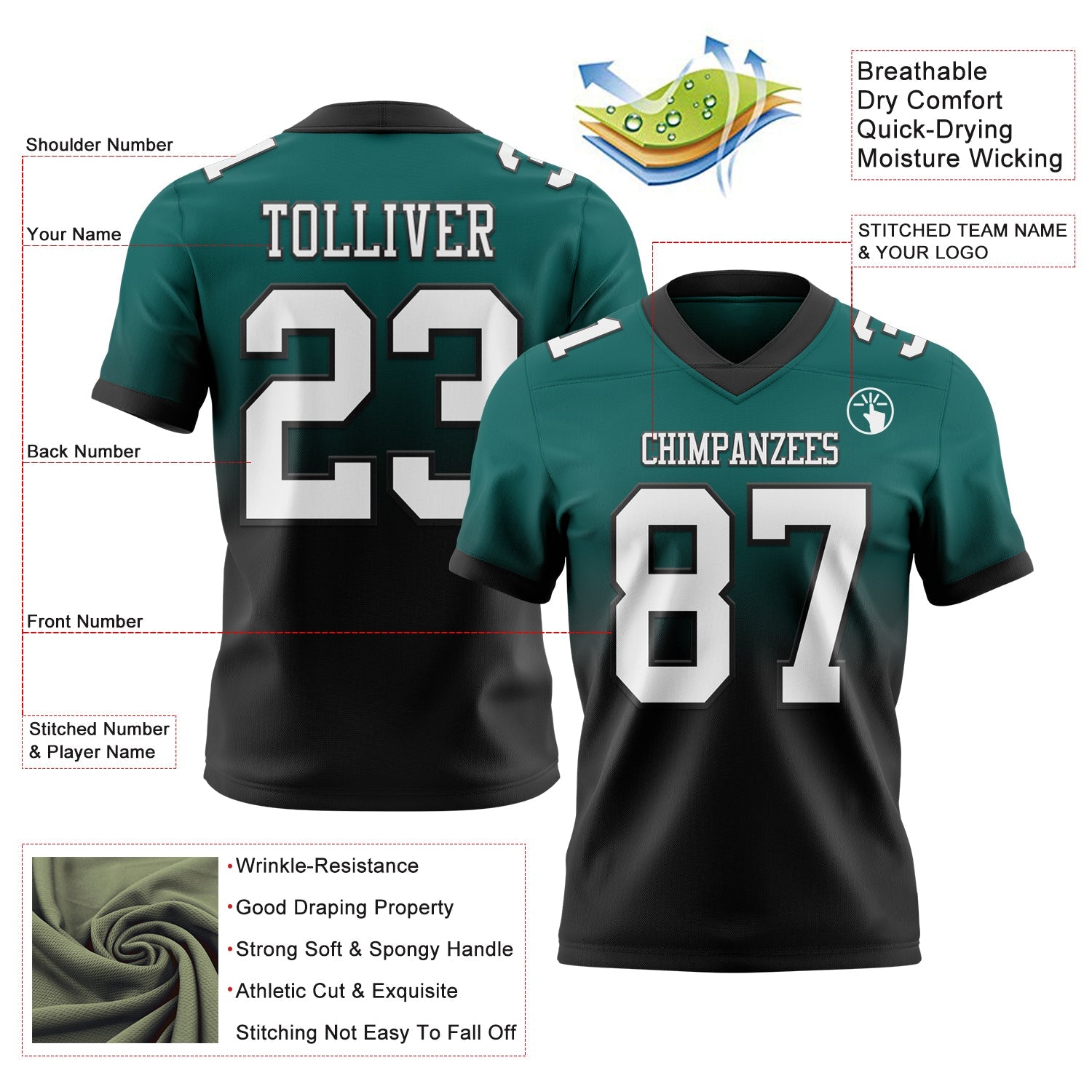 Custom Midnight Green White-Black Authentic Fade Fashion Football Jersey