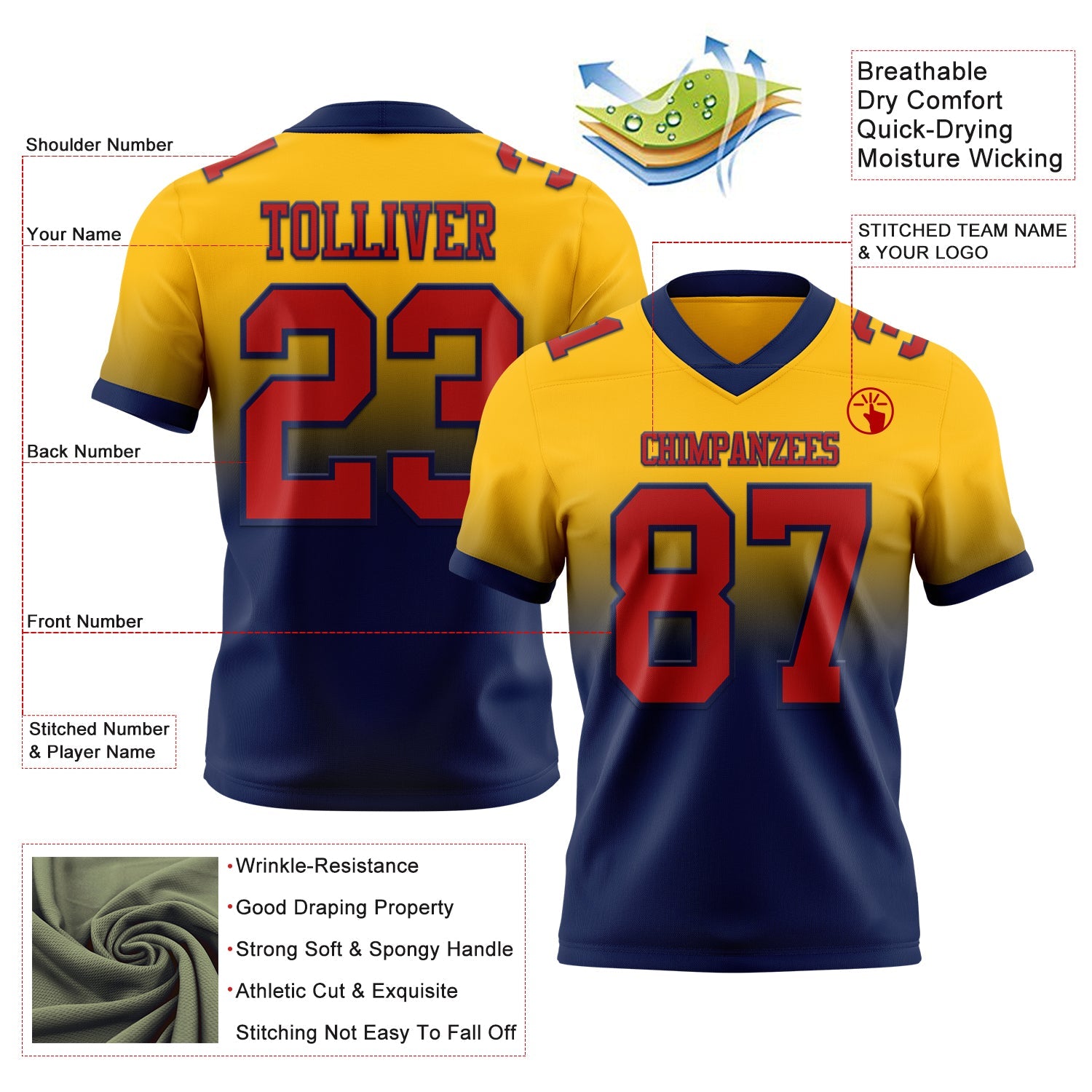 Custom Gold Red-Navy Authentic Fade Fashion Football Jersey