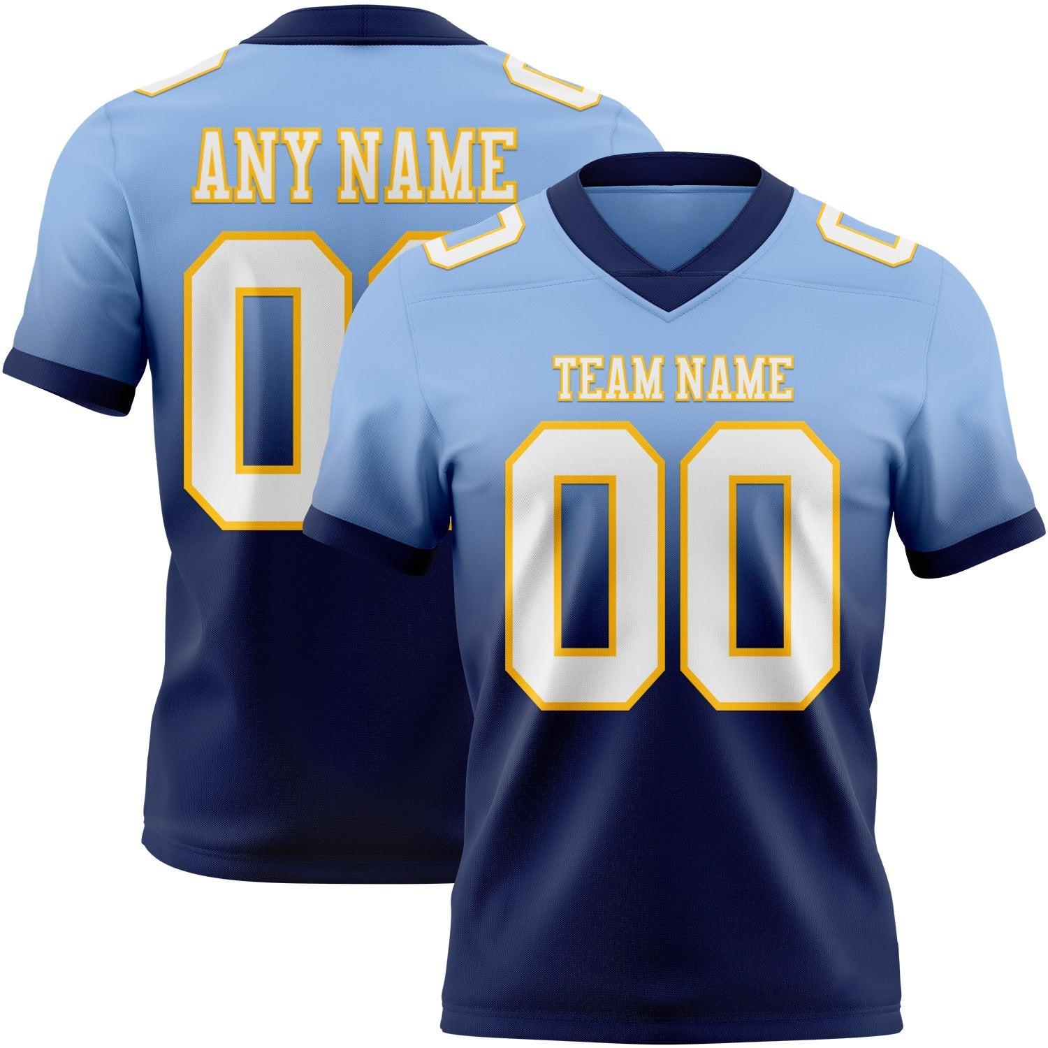Custom Light Blue White Navy-Gold Authentic Fade Fashion Football Jersey