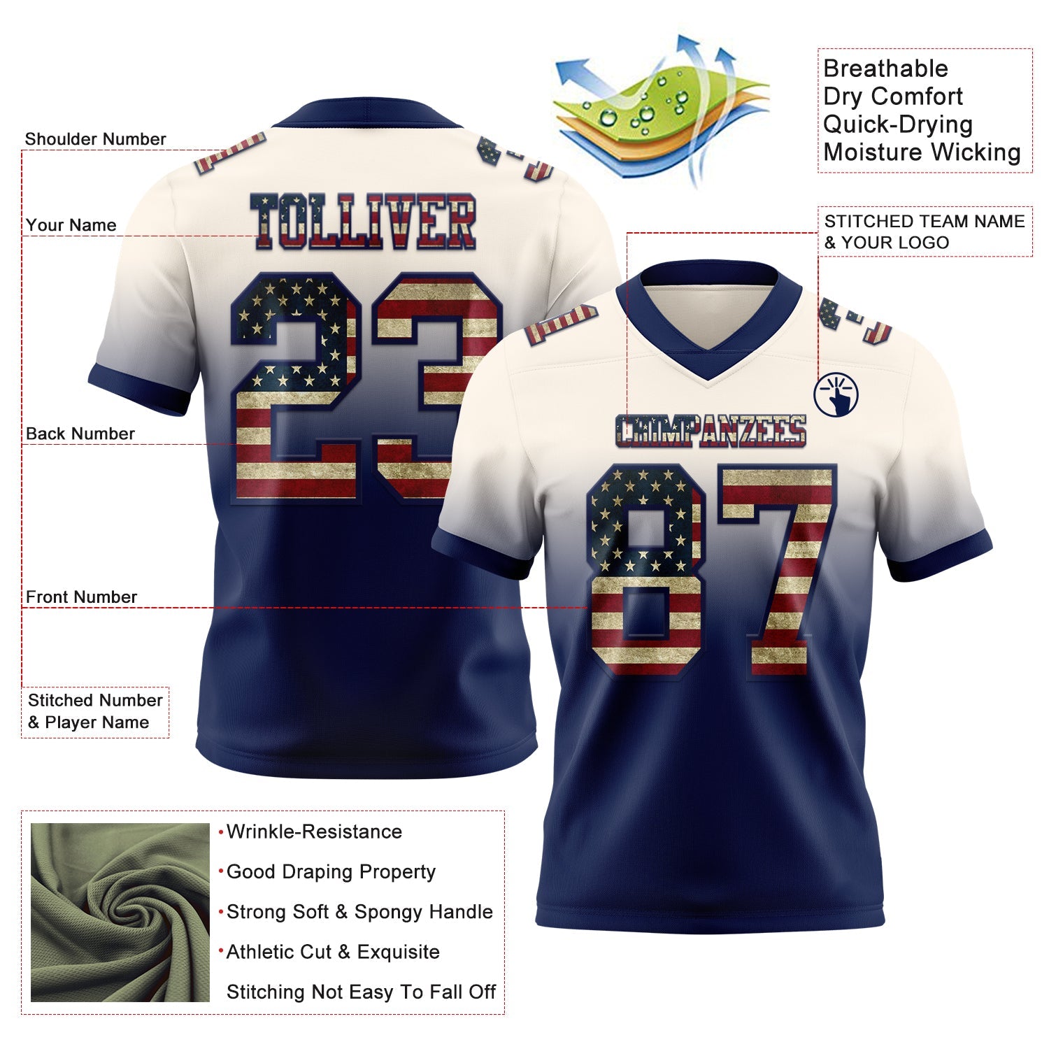 Custom Cream Vintage USA Flag-Navy Authentic Fade Fashion Football Jersey