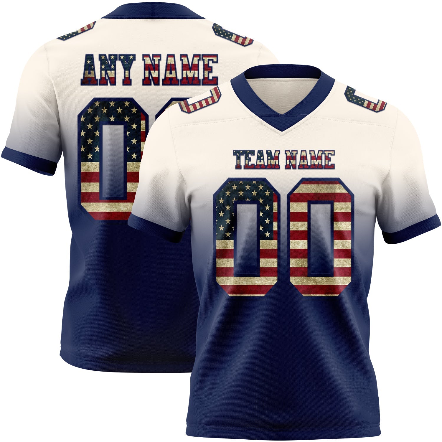 Custom Cream Vintage USA Flag-Navy Authentic Fade Fashion Football Jersey
