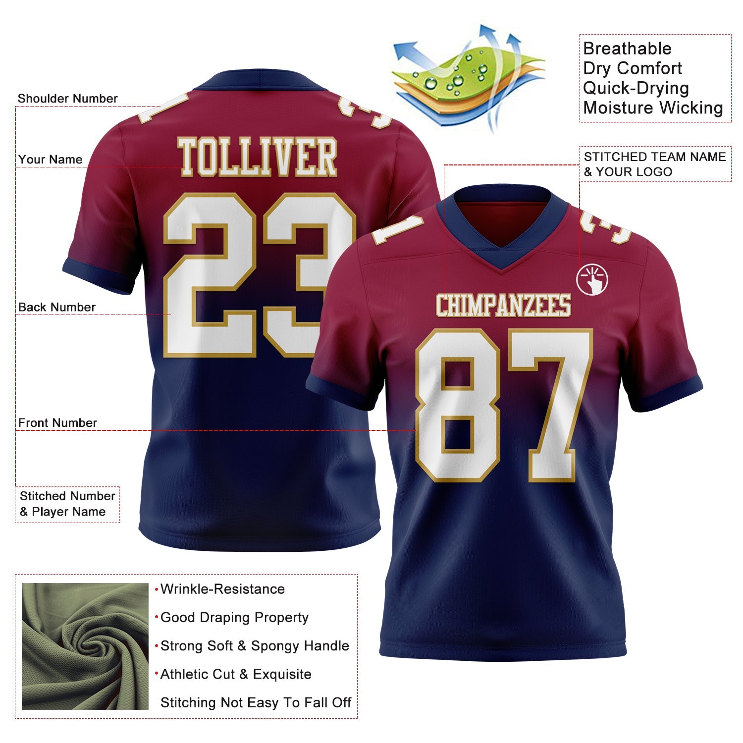 Custom Maroon White Navy-Old Gold Authentic Fade Fashion Football Jersey
