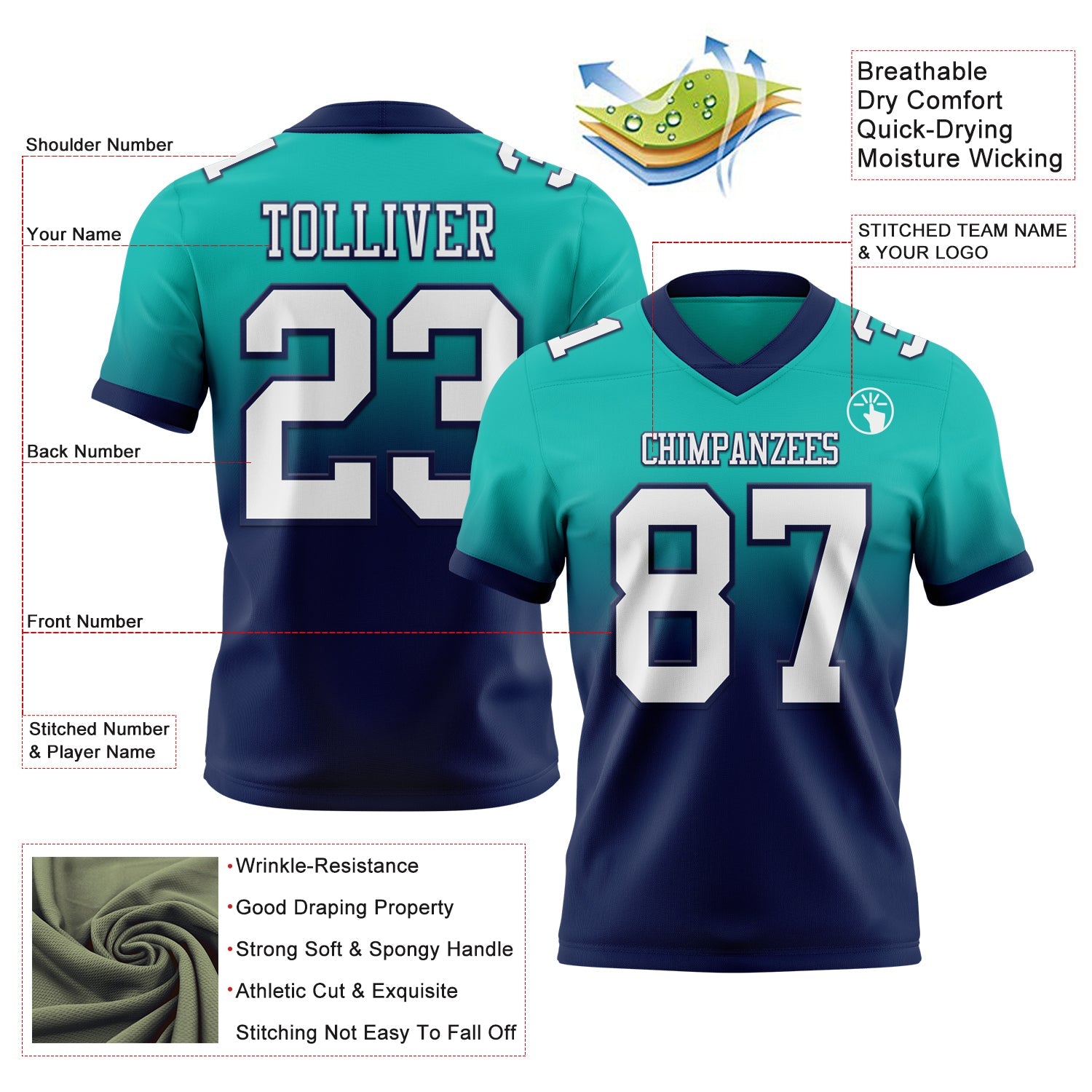 Custom Aqua White-Navy Authentic Fade Fashion Football Jersey