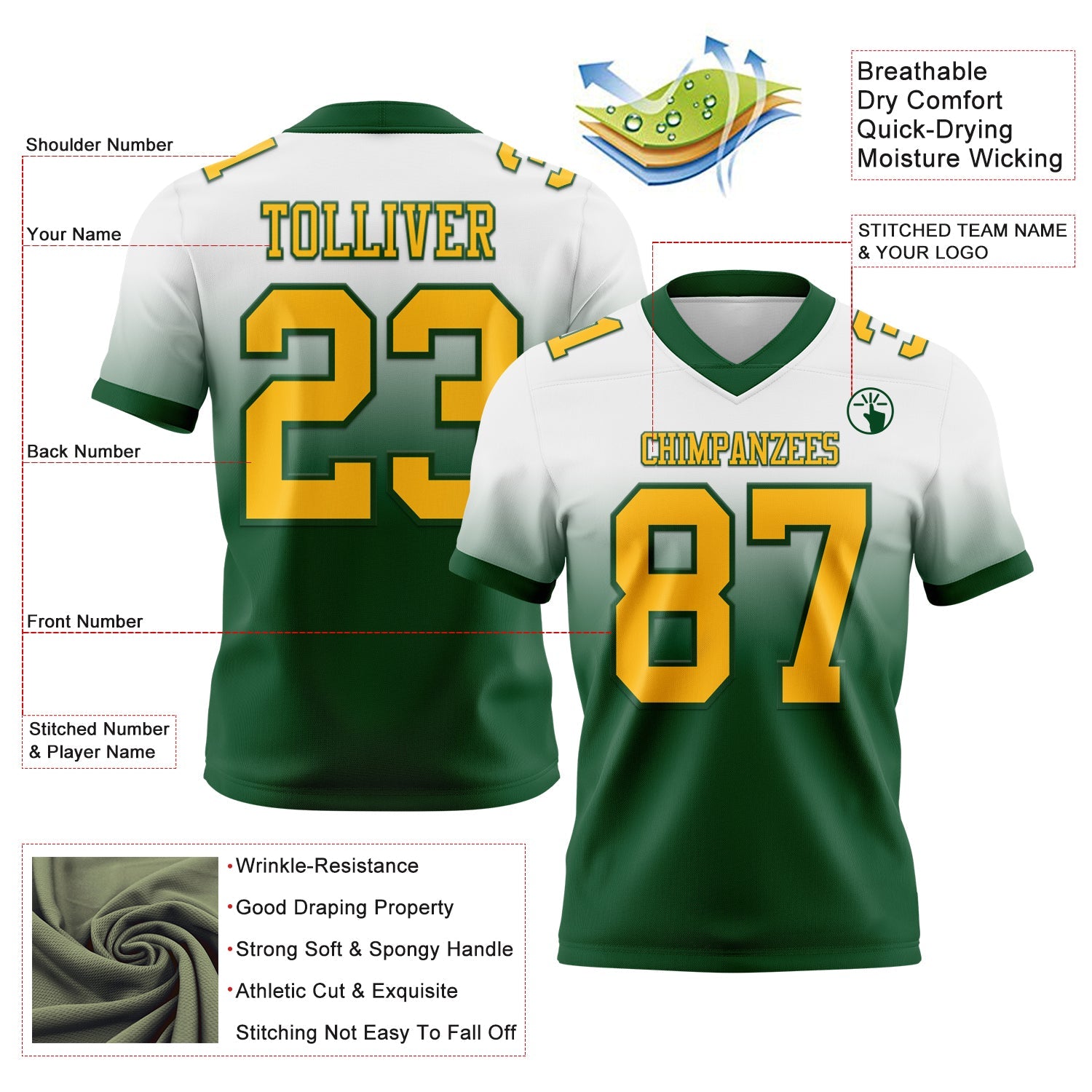 Custom White Gold-Green Authentic Fade Fashion Football Jersey