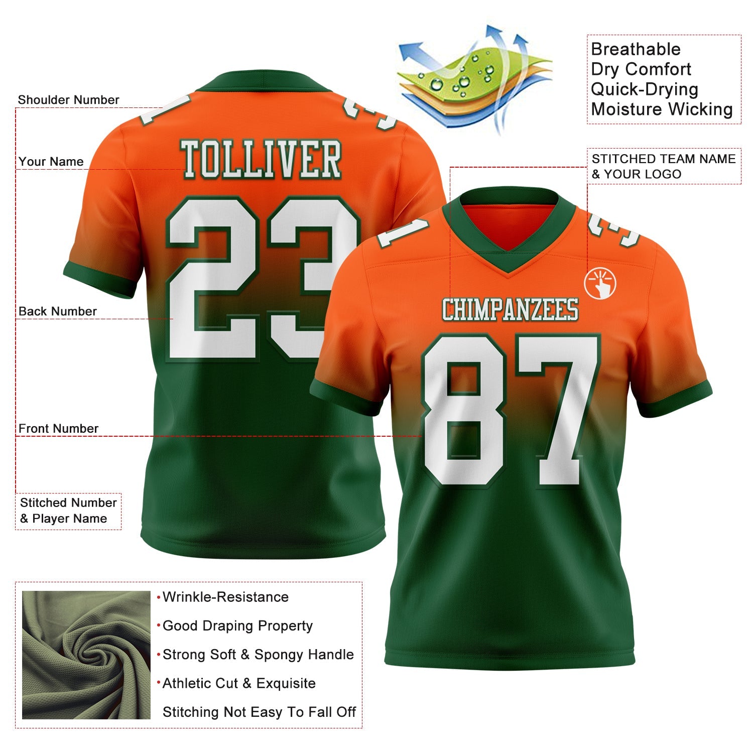 Custom Orange White-Green Authentic Fade Fashion Football Jersey