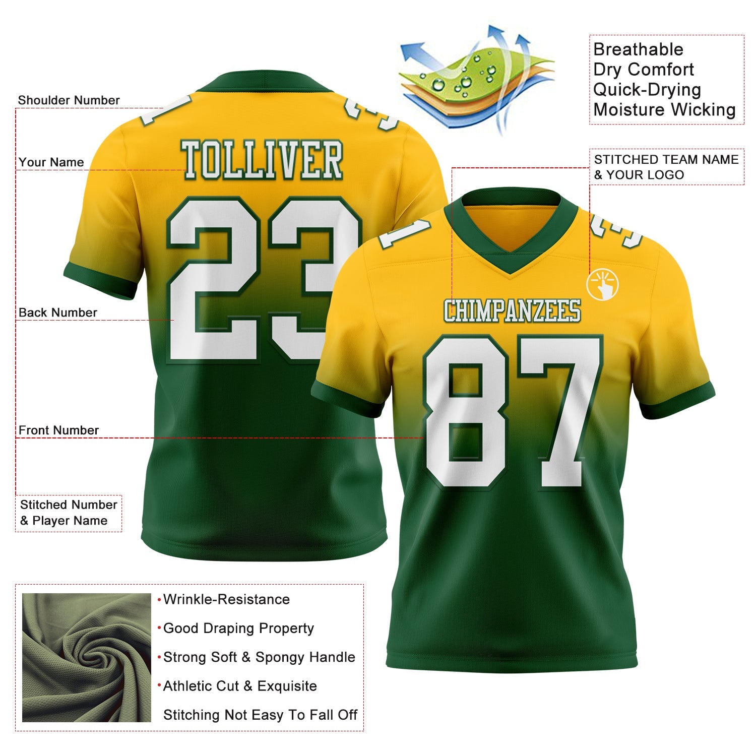 Custom Gold White-Green Authentic Fade Fashion Football Jersey