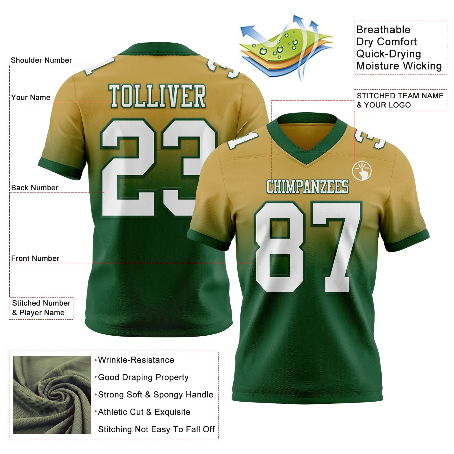 Custom Old Gold White-Green Authentic Fade Fashion Football Jersey