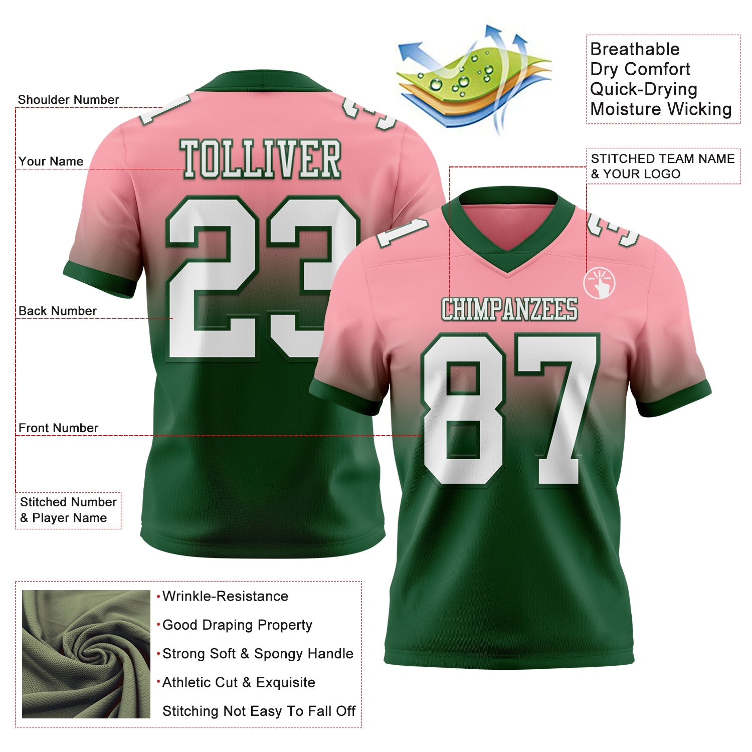 Custom Medium Pink White-Green Authentic Fade Fashion Football Jersey