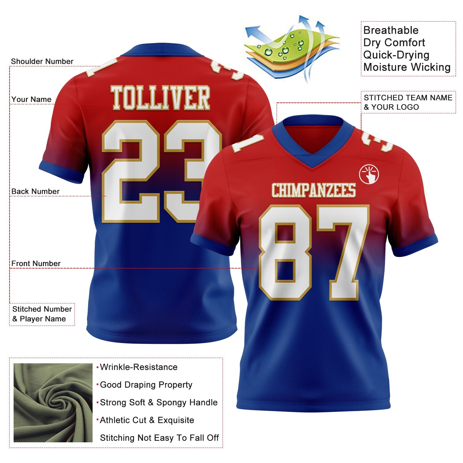 Custom Red White Royal-Old Gold Authentic Fade Fashion Football Jersey