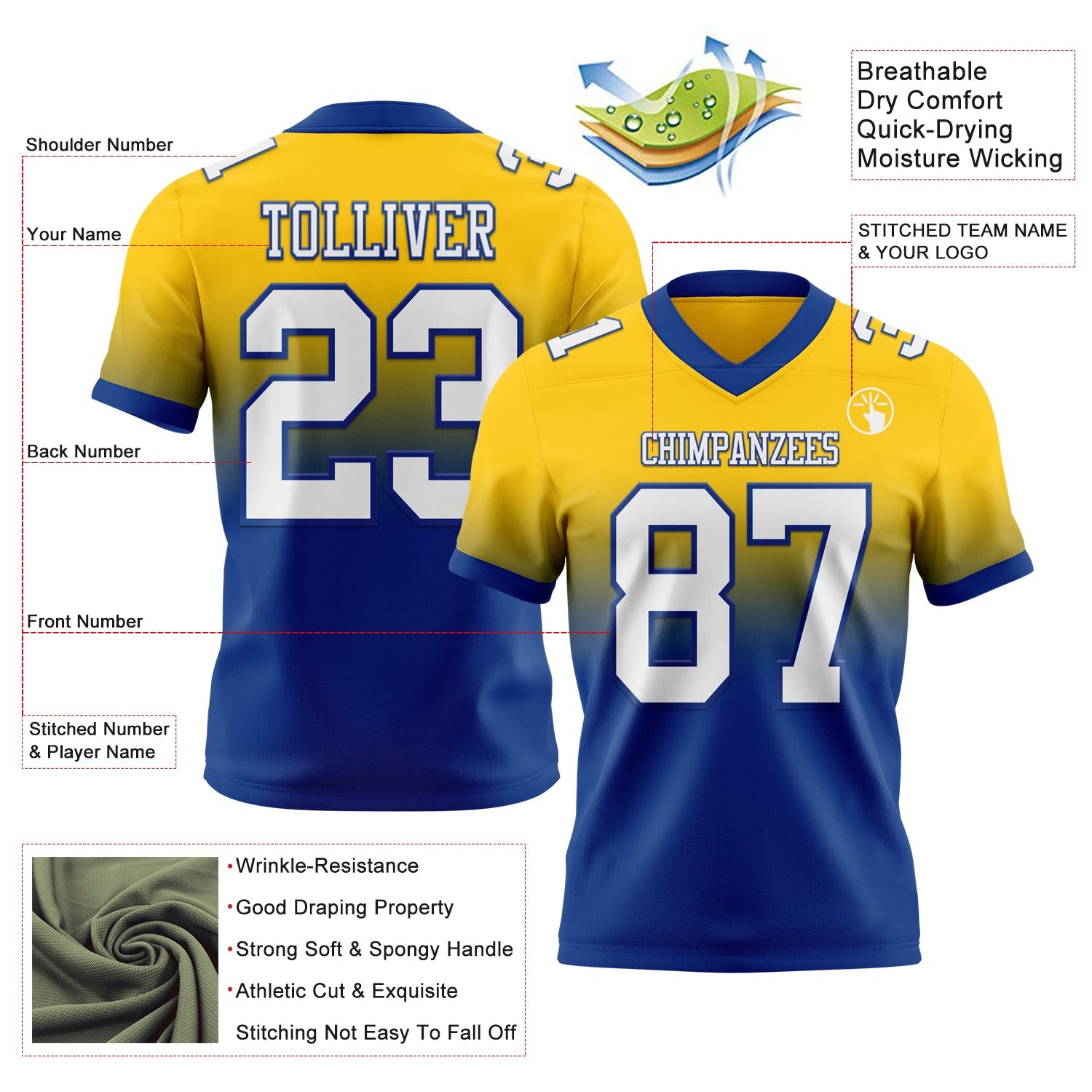 Custom Yellow White-Royal Authentic Fade Fashion Football Jersey