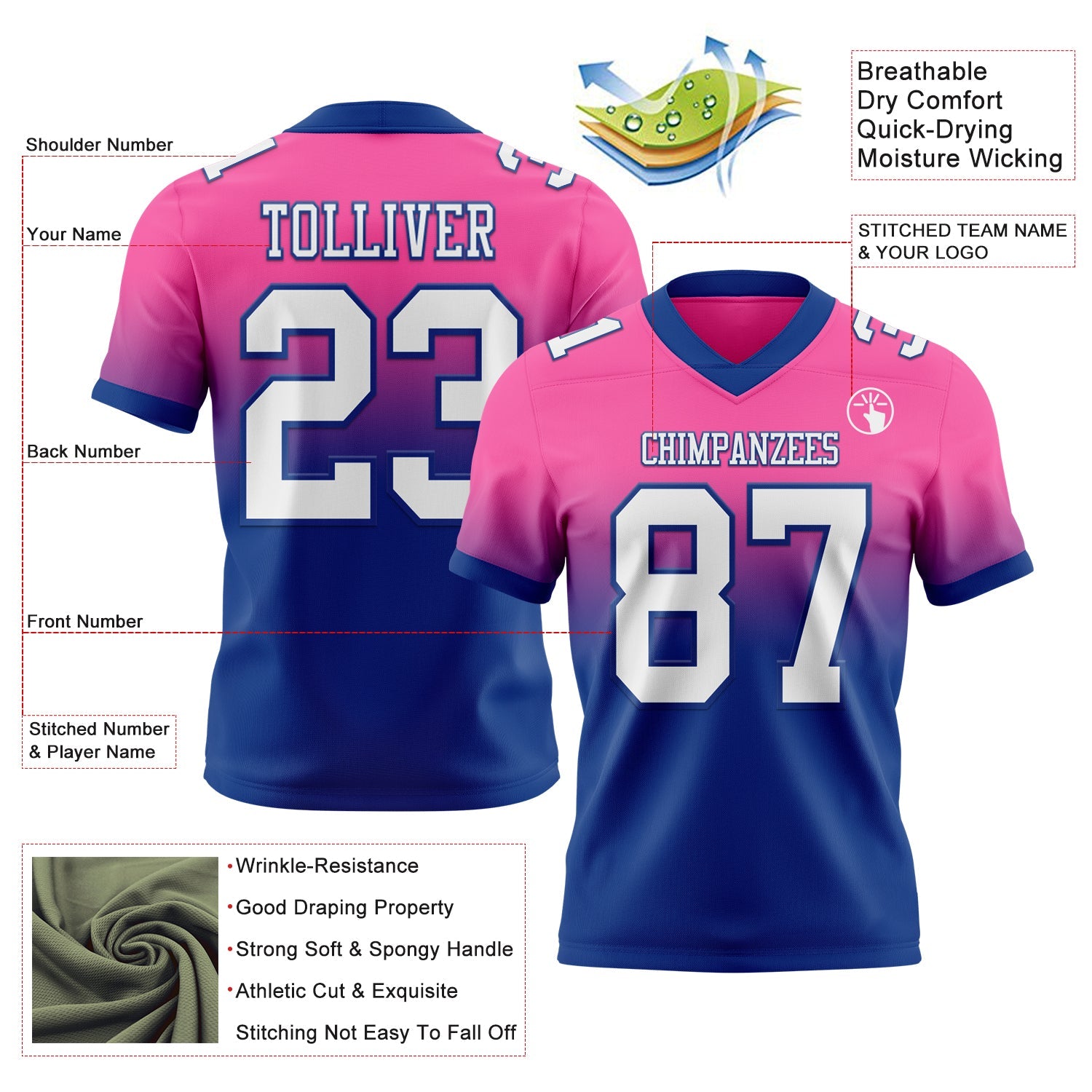 Custom Pink White-Royal Authentic Fade Fashion Football Jersey