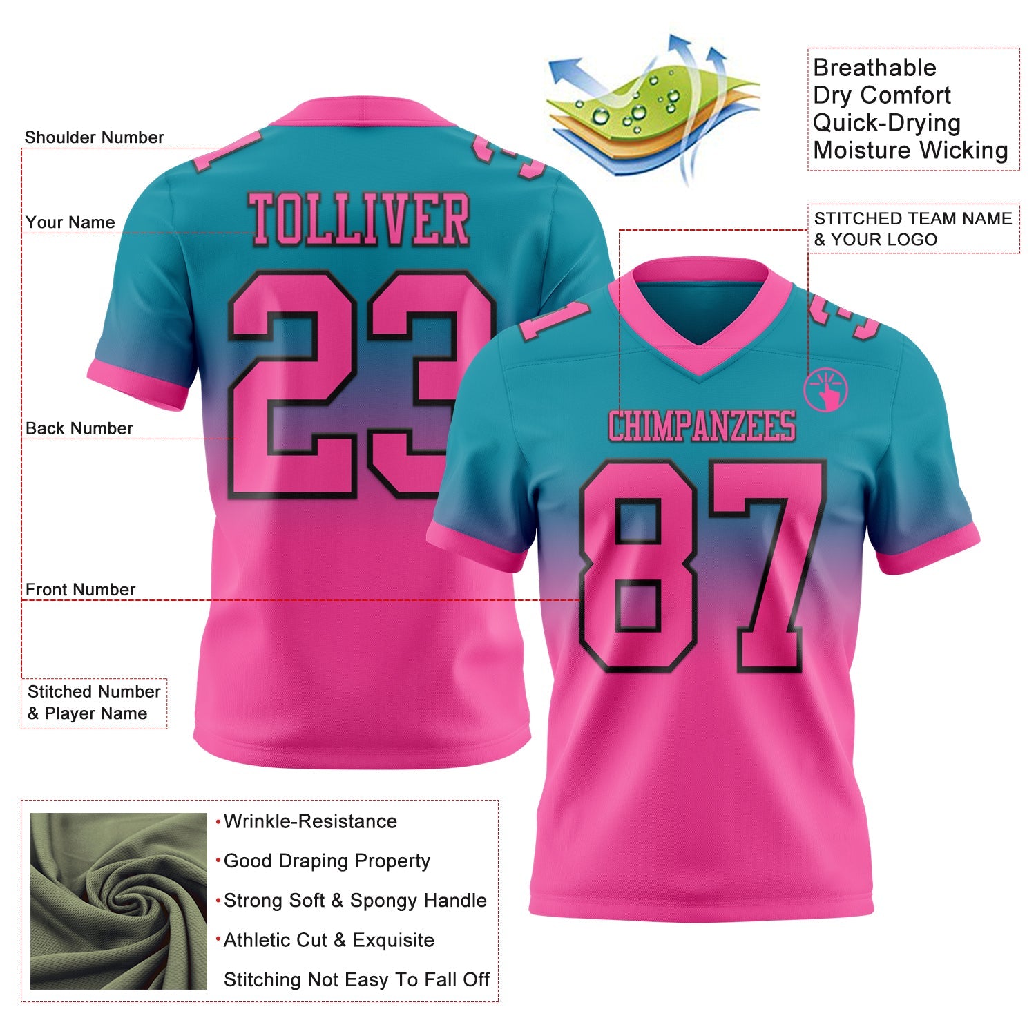 Custom Teal Pink-Black Authentic Fade Fashion Football Jersey