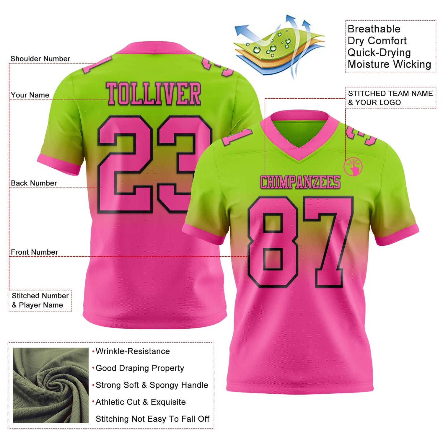 Custom Neon Green Pink-Black Authentic Fade Fashion Football Jersey
