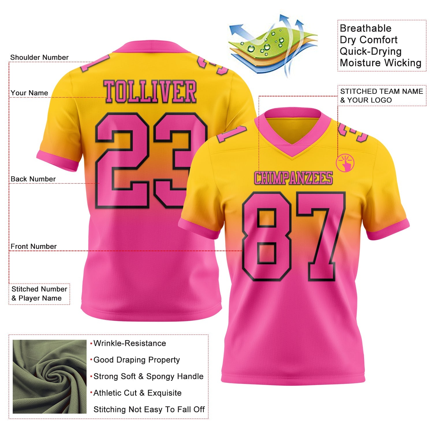 Custom Yellow Pink-Black Authentic Fade Fashion Football Jersey