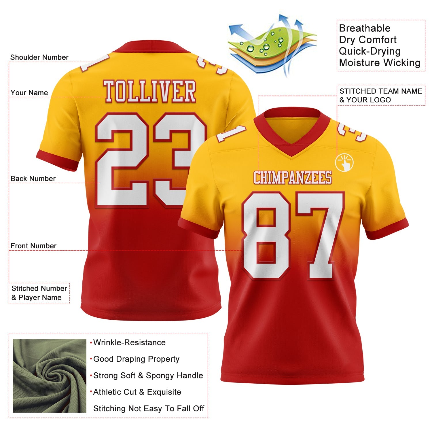 Custom Gold White-Red Authentic Fade Fashion Football Jersey