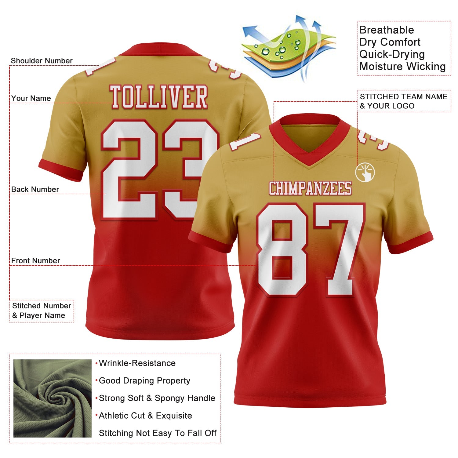 Custom Old Gold White-Red Authentic Fade Fashion Football Jersey