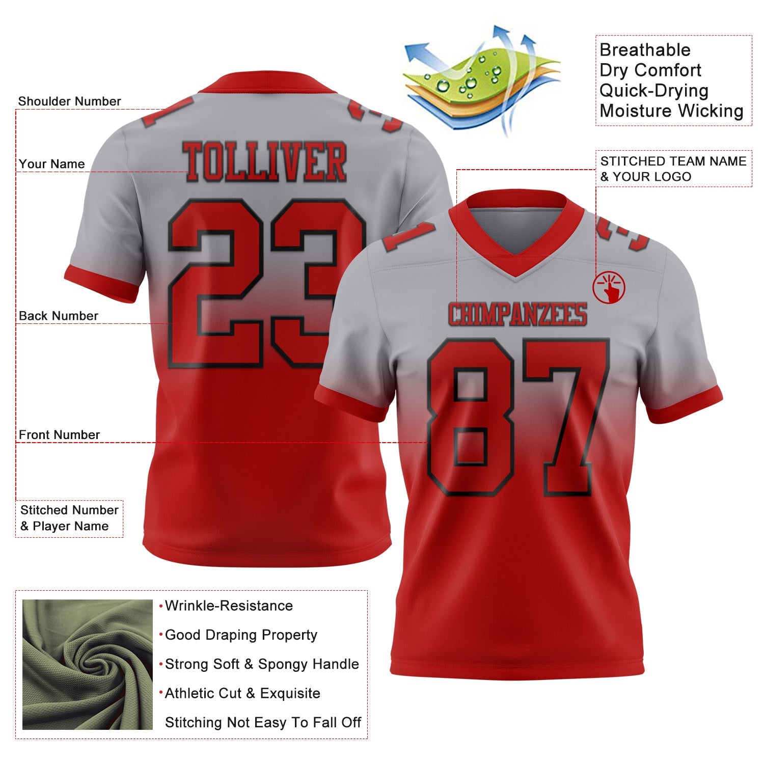 Custom Gray Red-Black Authentic Fade Fashion Football Jersey