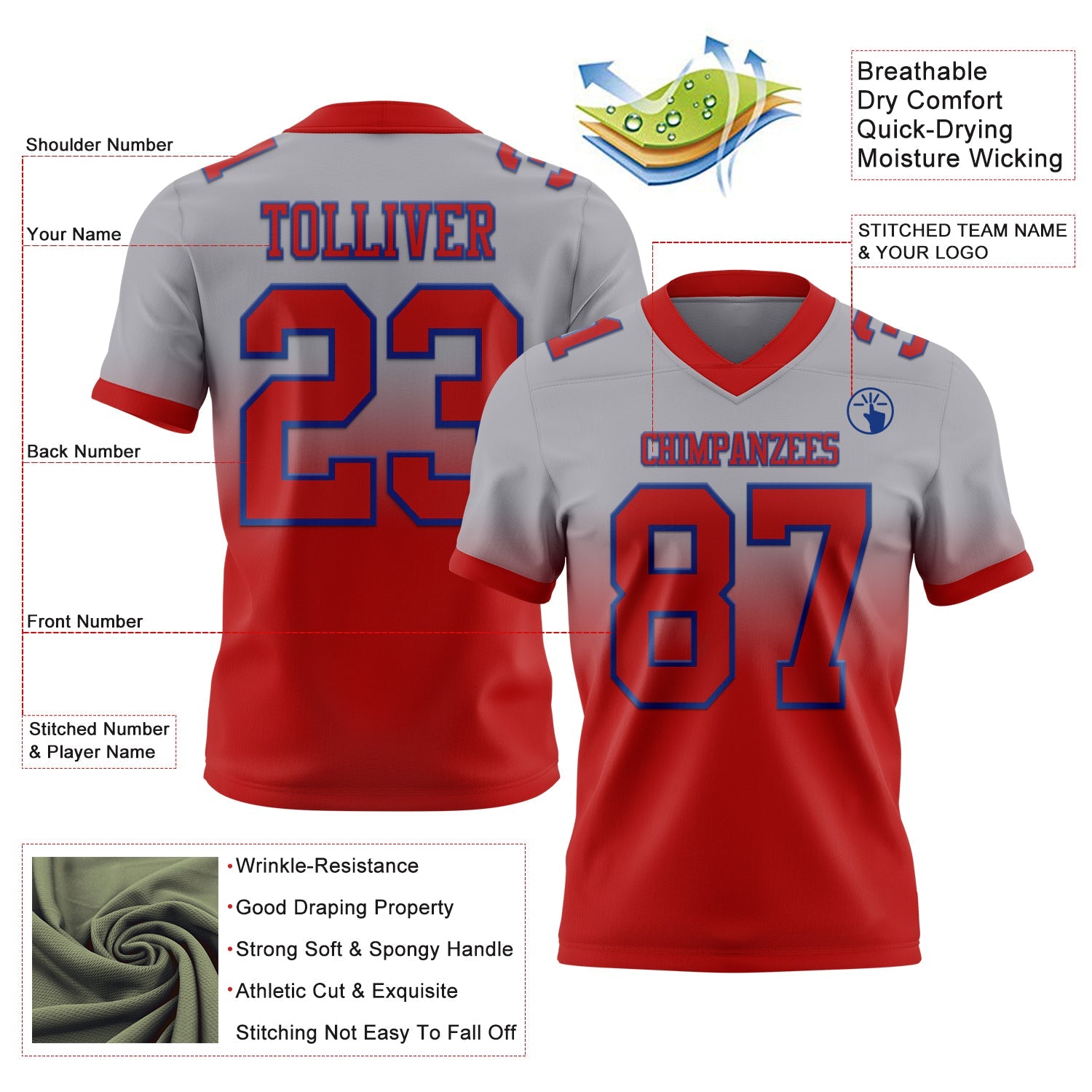 Custom Gray Red-Royal Authentic Fade Fashion Football Jersey