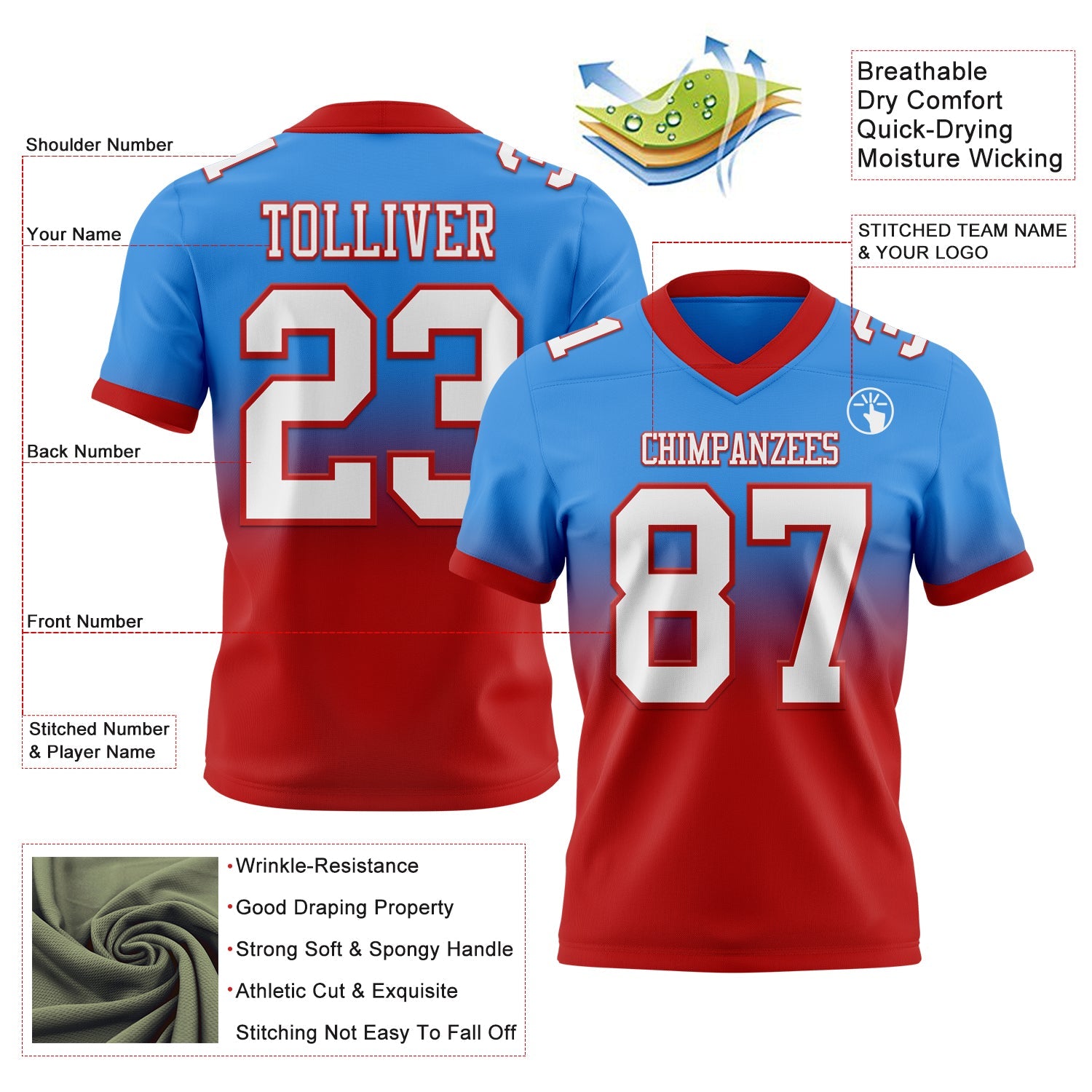 Custom Powder Blue White-Red Authentic Fade Fashion Football Jersey