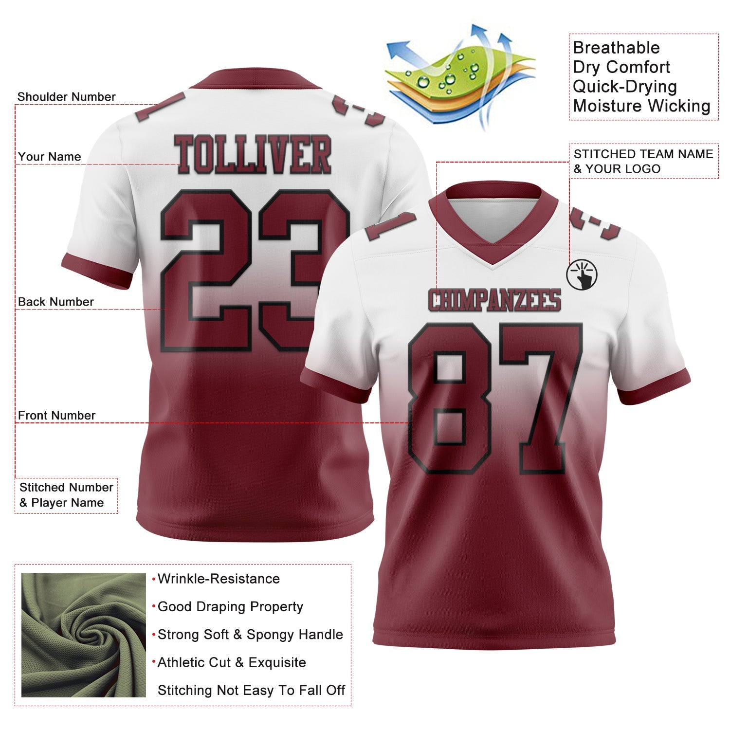 Custom White Burgundy-Black Authentic Fade Fashion Football Jersey