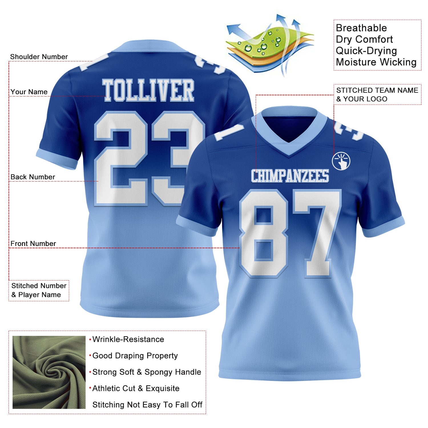 Custom Royal White-Light Blue Authentic Fade Fashion Football Jersey