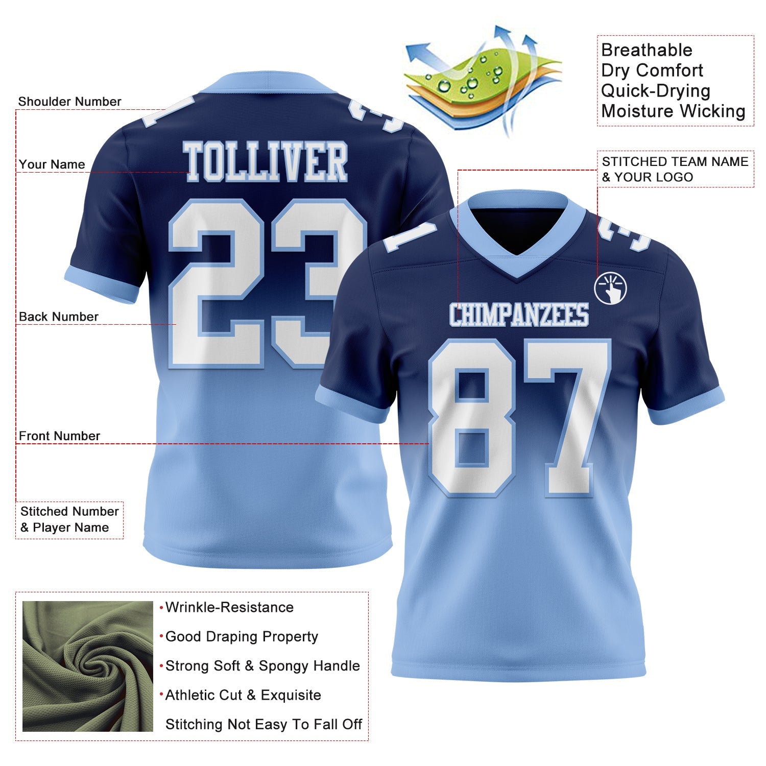 Custom Navy White-Light Blue Authentic Fade Fashion Football Jersey