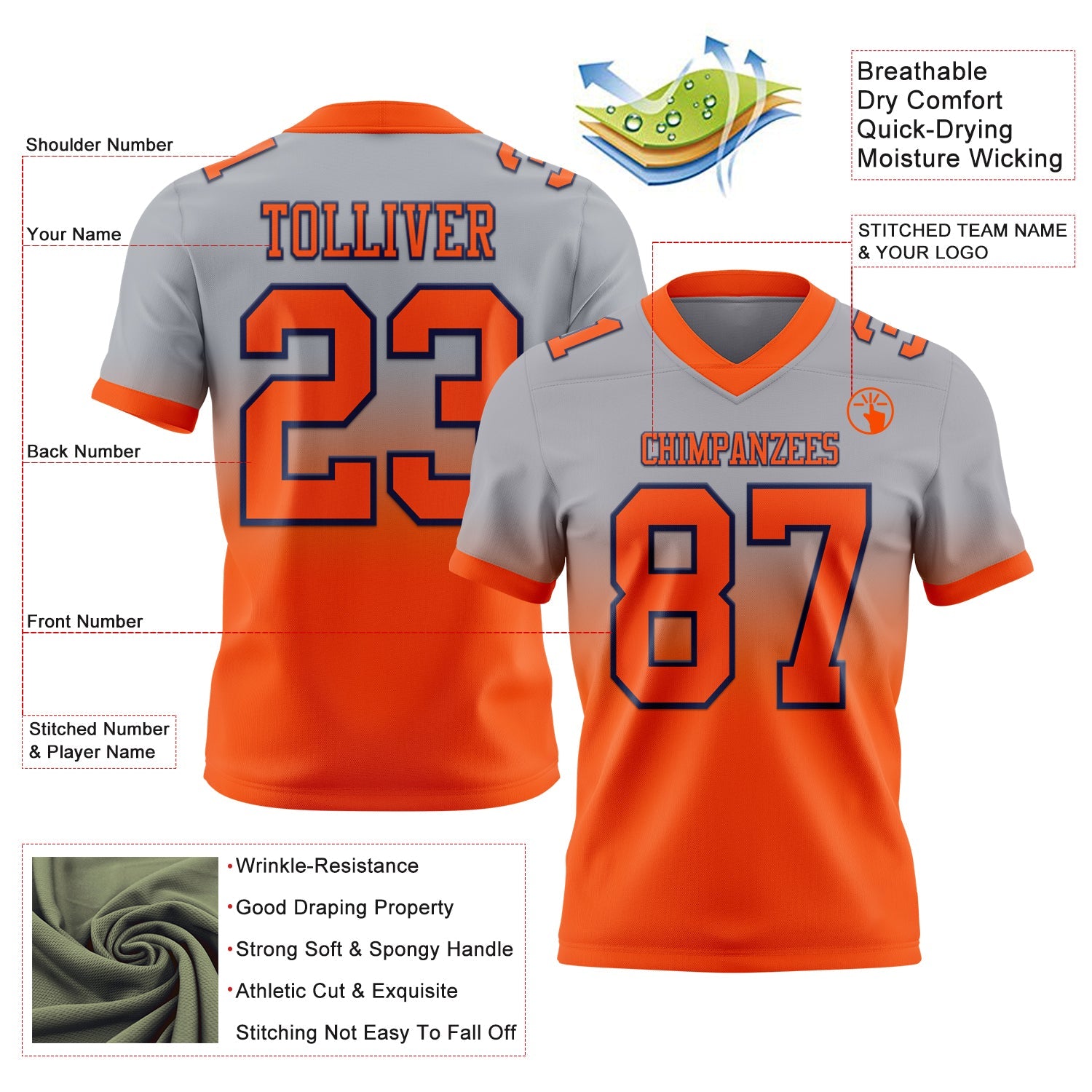 Custom Gray Orange-Navy Authentic Fade Fashion Football Jersey