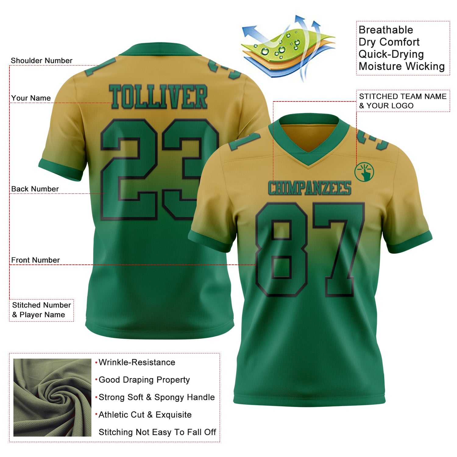 Custom Old Gold Kelly Green-Black Authentic Fade Fashion Football Jersey