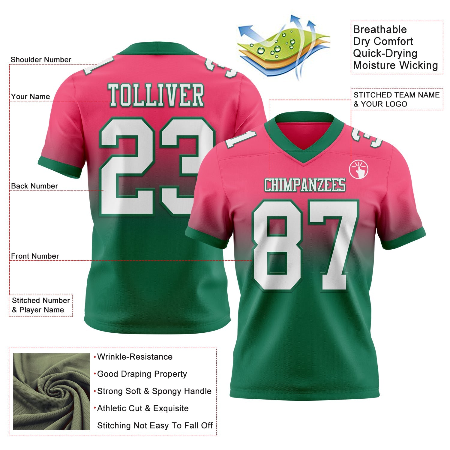 Custom Neon Pink White-Kelly Green Authentic Fade Fashion Football Jersey