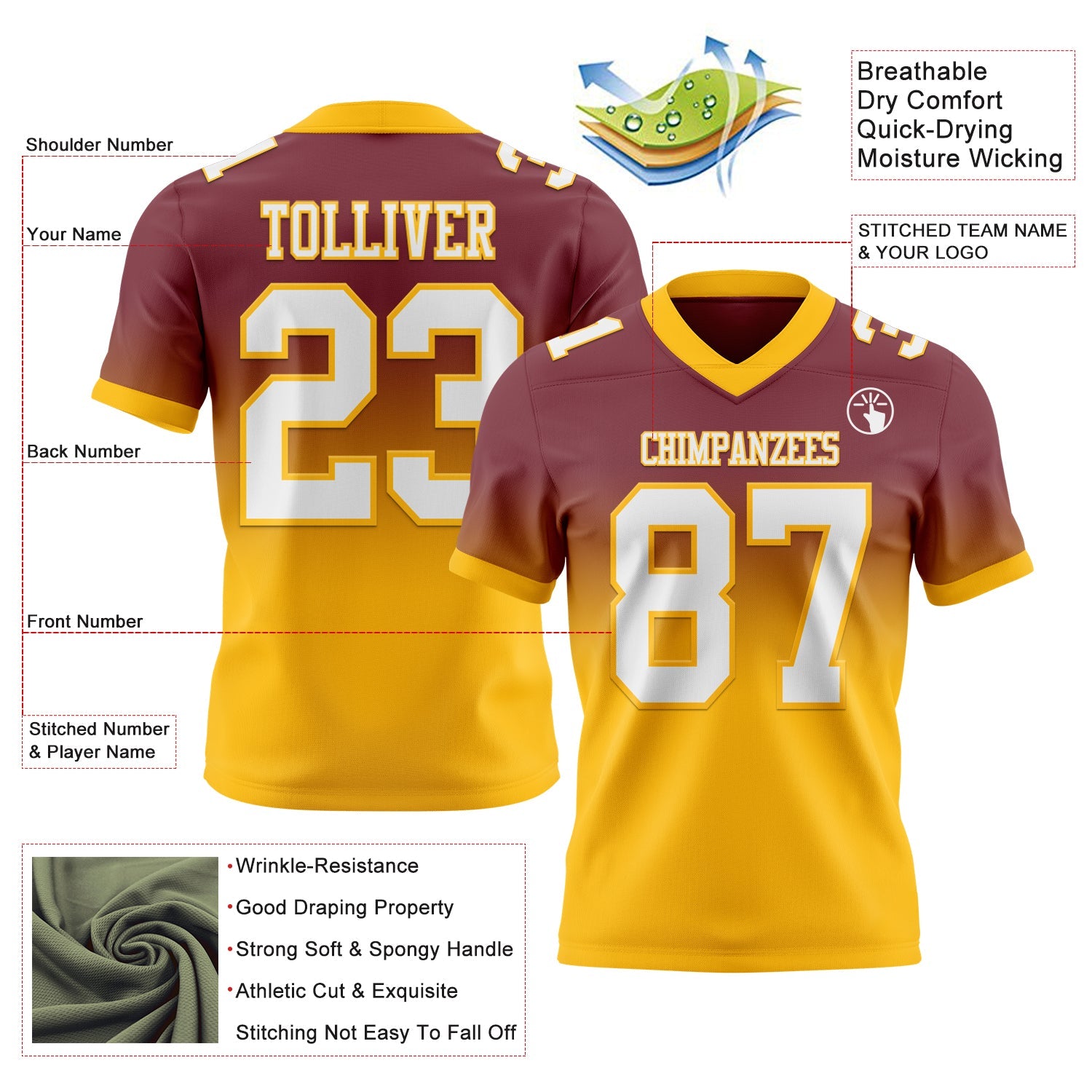 Custom Burgundy White-Gold Authentic Fade Fashion Football Jersey