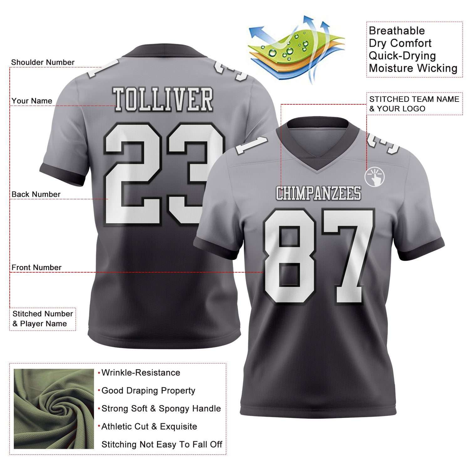 Custom Gray White Steel Gray-Black Authentic Fade Fashion Football Jersey