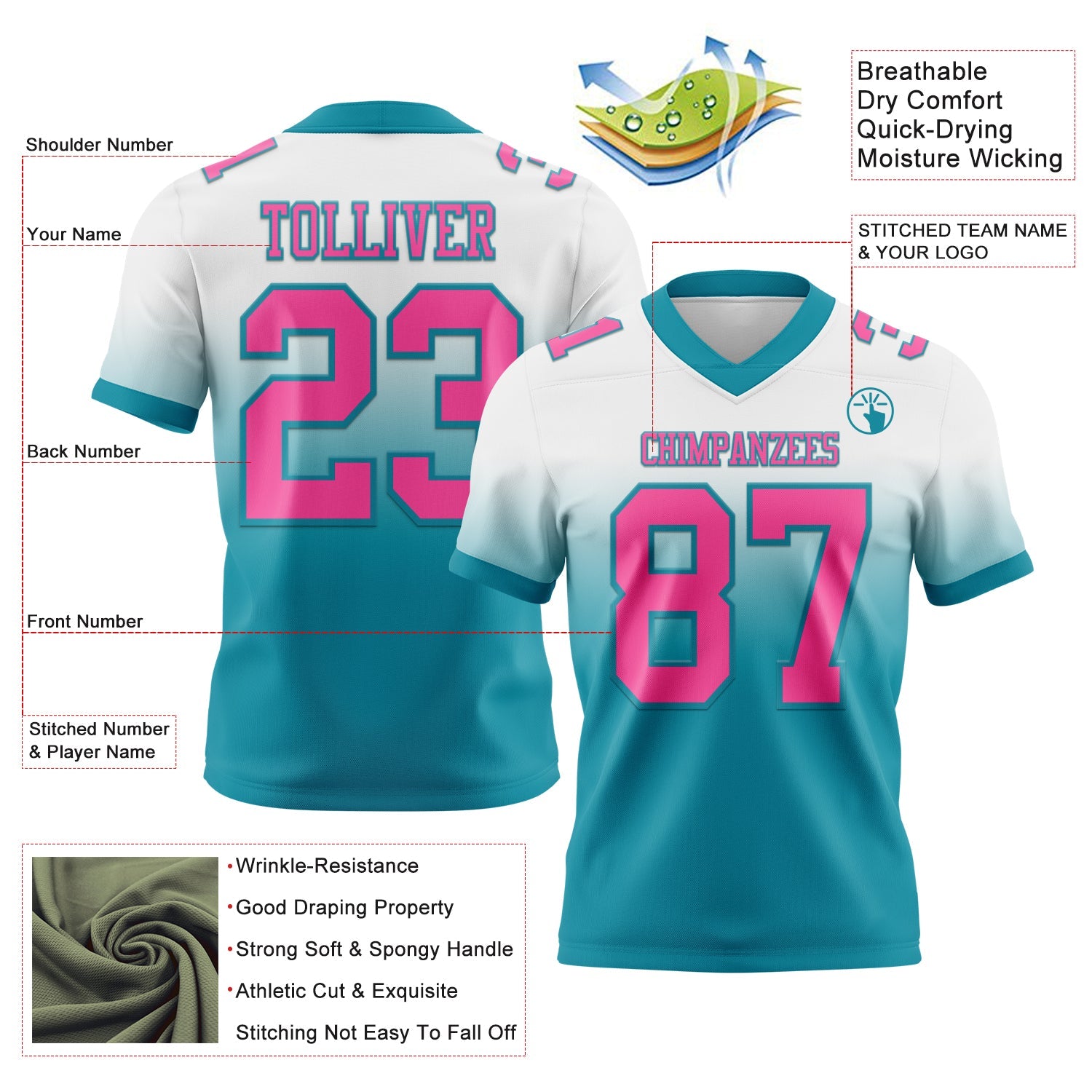 Custom White Pink-Teal Authentic Fade Fashion Football Jersey